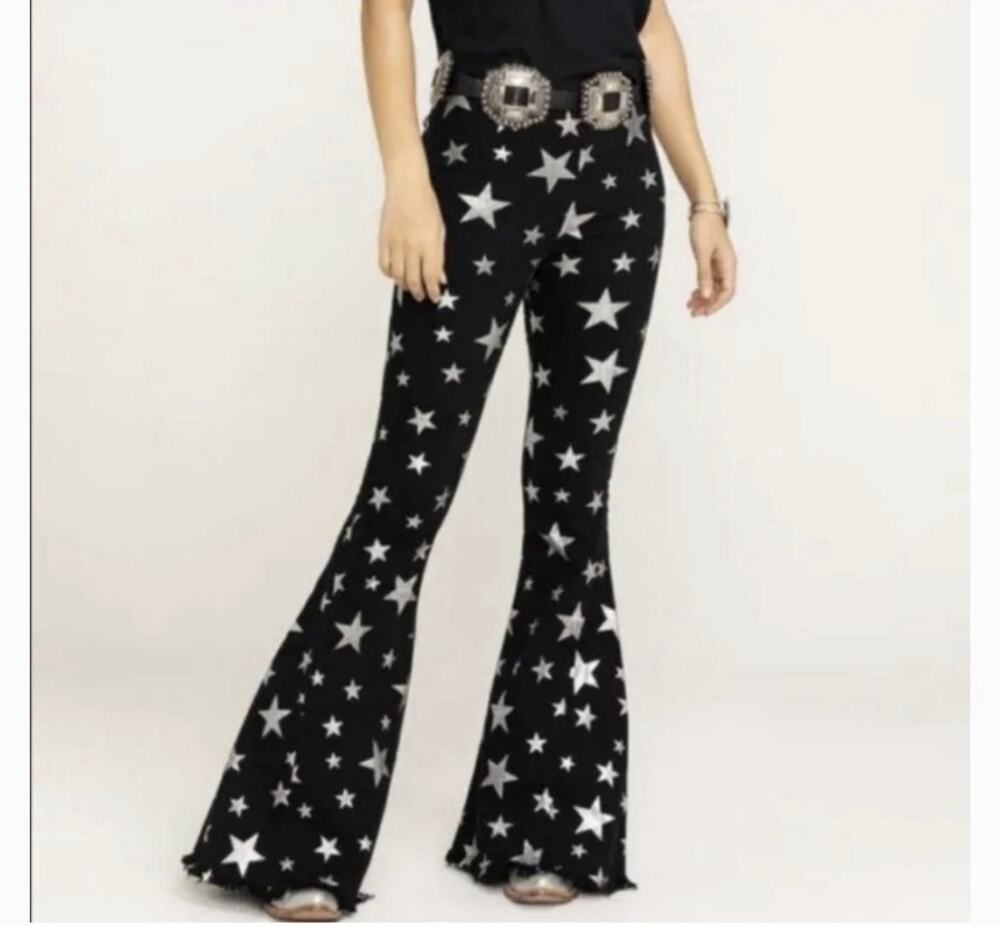 Show Me Your Mumu Black Silver Star Berkeley High Rise Bell Bottom Jeans 26